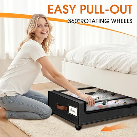 SpaceHacks Under Bed Storage with Wheels 3Pack Storage Containers with Clear Window&Label Under Bed Drawers Rolling Under Bed Storage for Clothes,Shoes, Blankets (30.71 x 16.93 x 6.69 in, Black) SpaceHacks