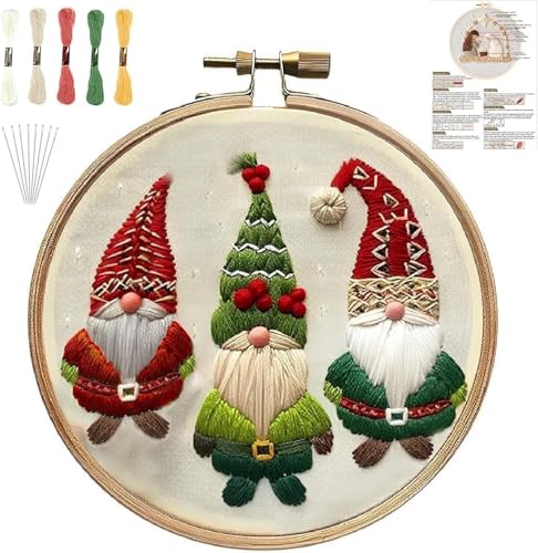 YOUDRN Christmas Embroidery Kits,Gnomes Embroidery Kits for Adults,Christmas Embroidery Kit for Beginners with Pattern,Cotton Threads,Needles,Instruction,20cm Hoop (gnome)