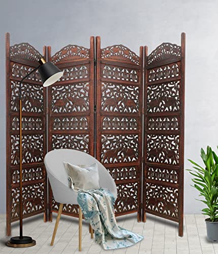Room Divider Wood Screen - Elephant Hathi Walnut Brown - 4 Panel Fording 72x80 - Intricate Carved Room Décor Boho Portable Partition Privacy Screen Small Spaces Reversible Freestanding - COTTON CRAFT COTTON CRAFT