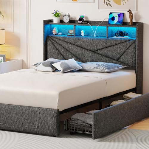 Driftalia King Size Bed Frame with 4 Storage Drawers, Upholstered King Bed Frame with Charging Station and LED Lights Headboard, No Box Spring Needed, Easy Assembly - Dark Grey Driftalia