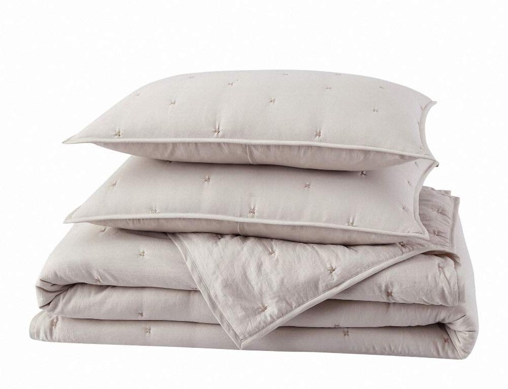 BOURINA Embroidery Quilt Set 3-Piece Oversized King Quilt Set Pre-Washed Microfiber Ultra Soft Lightweight Star Embroidery Bedspread Coverlet Set, Beige BOURINA