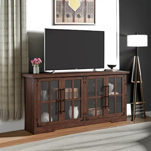 LUXOAK 63" Farmhouse TV Stand with 4 Glass Doors, Modern Buffet Sideboard Cabinet with Storage, Entertainment Center with Adjustable Shelf for TV's up to 75", Espresso - WoodArtSupply