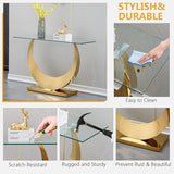 Modern Glass Entryway Console Table with Moon Shape Stainless Steel Pedestal Base, Long Narrow Sofa Table Behind Couch Hallway Table for Entryway, Living Room, Foyer, Entrance Gold TehRecBT