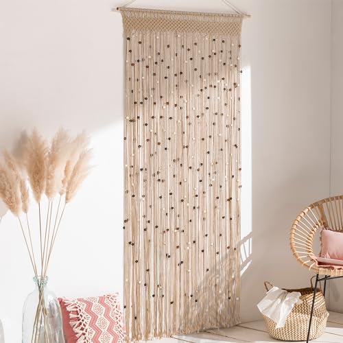 BECHAEO Macrame Beaded Curtain Boho Handmade Cotton Door String Curtain for Doorway Window Wooden Beads Hanging Hippie Room Divider Closet Bedroom Privacy Decor, 2 Panels 79" x 35" BECHAEO