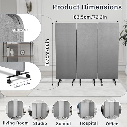 72" X 66" partition Room dividers, 3 Panel Sound Proof Dividers for Office Partitions, Room Divider Privacy Panel with Wheels, Portable Temporary Wall for Office, Studio, School, Hospital(Light Gray) Generic