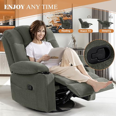 Vawobl Swivel Rocker Recliner Chair for Adults – Manual Glider Sofa with Massage, Heat & Vibration, 360° Rocking for Living Room (Dark Gray, 30"x30"x40") Vawobl