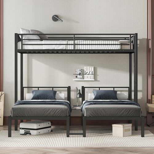 Bellemave Metal Twin Over Twin Over Twin Bunk Beds for 3 Kids, Heavy Duty Triple Bunk Bed Frame with Built-in Desk,3 Bed Bunk Beds,Twin Size Triple Bed,Detachable,Black Bellemave