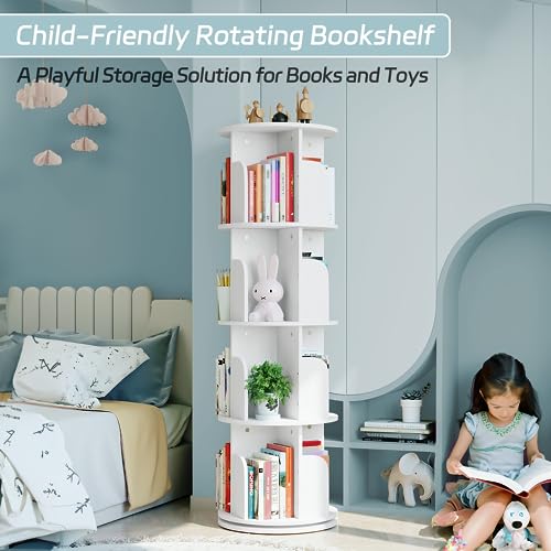 4-Tier Rotating Bookshelf Organizer by EasyCom - Space-Saving Floor Standing Bookcase in White - WoodArtSupply