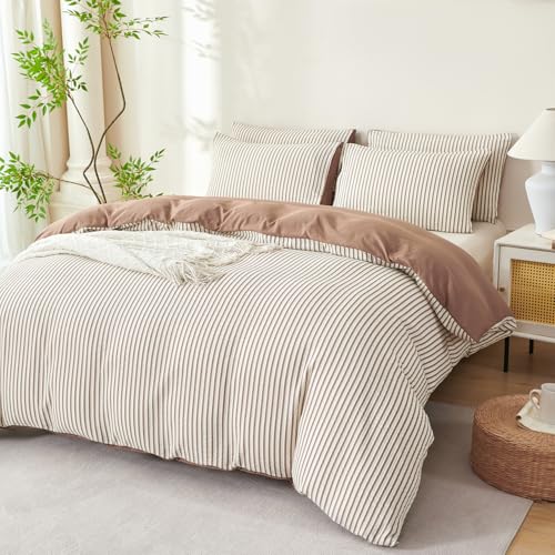 TISPLR Comforter Set Queen Size Striped Soft Luxury Washed Microfiber Jacquard 3 Pieces Bedding, White Dark Brown Vertical Ticking Stripes Comforter with 2 Pillowcases Breathable Durable Comfy TISPLR