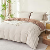 TISPLR Comforter Set Queen Size Striped Soft Luxury Washed Microfiber Jacquard 3 Pieces Bedding, White Dark Brown Vertical Ticking Stripes Comforter with 2 Pillowcases Breathable Durable Comfy TISPLR
