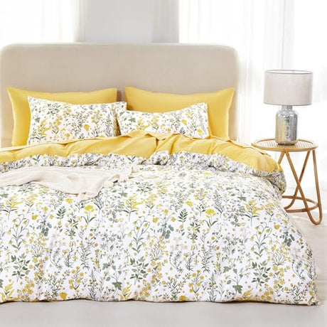 Wake In Cloud - Floral Duvet Cover Set, Shabby Chic Cottage Garden Botanical Flower Style with Elegant Wildflower Pattern, Soft Lightweight Bedding, 3 Pieces, Yellow White, Twin/Twin XL Size Wake In Cloud