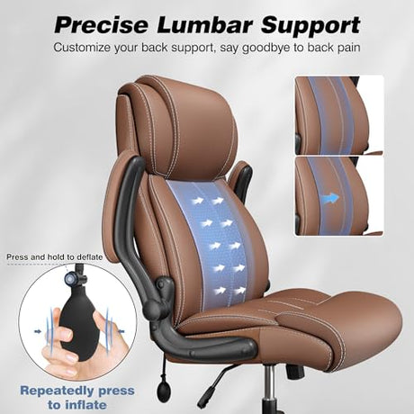 BESTFAIR Ergonomic Office Chair - Home Desk Computer Chair, Leather High Back Executive Chairs with Adjustable Lumbar Support & Flip-up Arms, Rocking Swivel Comfy, Brown BESTFAIR