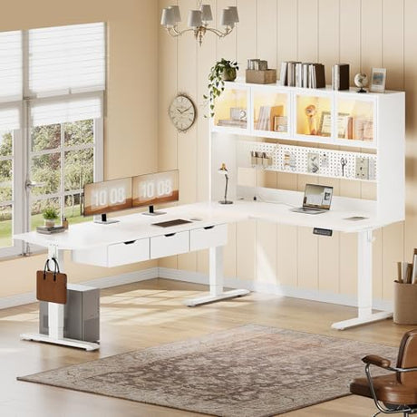 SEDETA 68.9" Standing L Shaped Gaming Desk, Office Computer Desk with Storage Hutch and Drawers, Stand Up Corner Desk with Pegboard & Led Lights for Home Office, White SEDETA