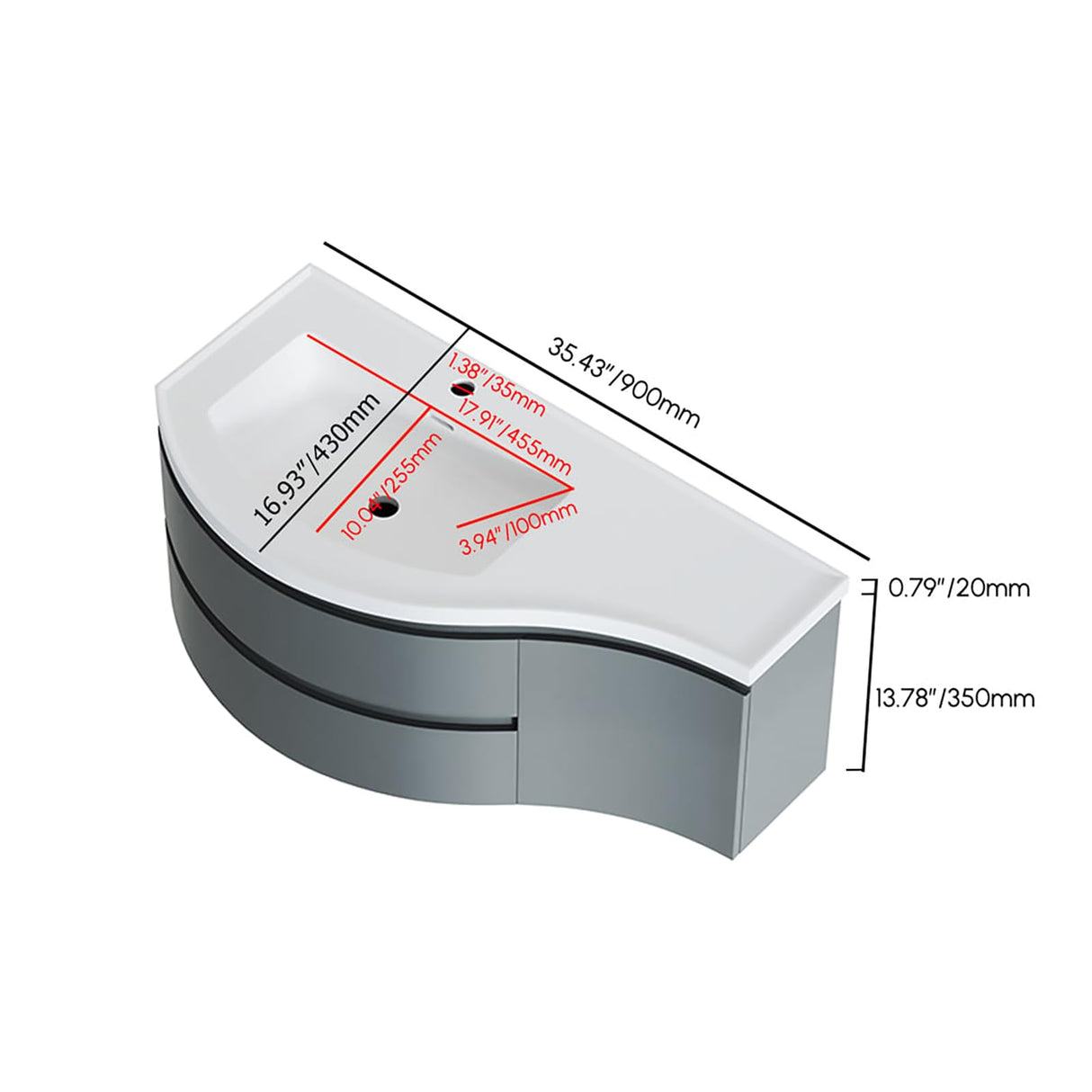 Weibath Floating Vanity 35" Floating Curved Bathroom Vanity Wall Mounted Half-Circle Bathroom Cabinet Weibath