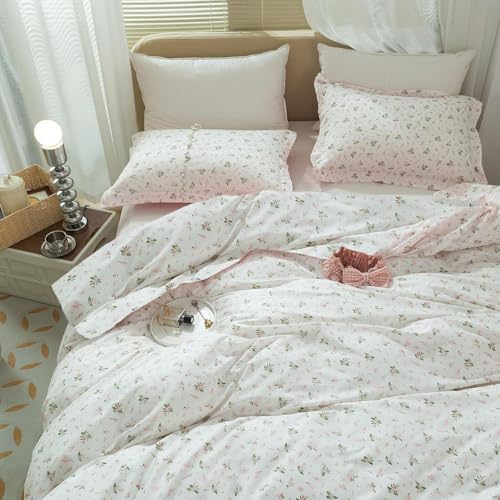 mixinni Girl Floral Full Size Comforter Pink White Flower Leaf Print Bedding Sets, Cute Floral Bedding Comforter Sets for All Seasons-(1 Comforter+2 Pillow Shams)-Full Size mixinni