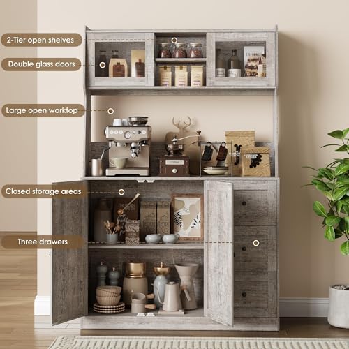 GarveeHome 67 in Tall Kitchen Hutch Storage Cabinet, Coffee Bar Cabinet with 3 Drawers and LED Lights, Freestanding Food Pantry with Countertop for Living Dining Room, Grey GarveeHome