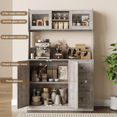 GarveeHome 67 in Tall Kitchen Hutch Storage Cabinet, Coffee Bar Cabinet with 3 Drawers and LED Lights, Freestanding Food Pantry with Countertop for Living Dining Room, Grey GarveeHome