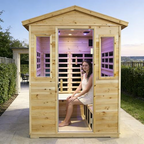 Kanlanth Outdoor Infrared Sauna with Red Light Therapy, 4 Person 2050watt Canadian Hemlock Wood Personal Sauna Room for Indoor Home, with Blue-Tooth, 4 Chromo Therapy Lighting, Control, Cup Holder Kanlanth