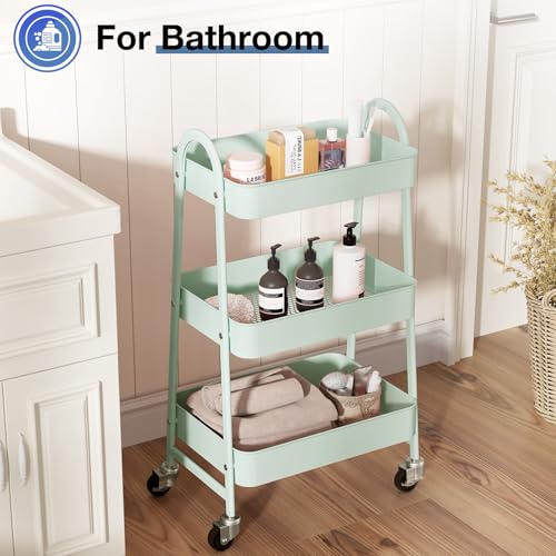 OLIXIS Metal 3 Tiers Utility Rolling Cart with Lockable Caster Wheels, Mobile Storage Shelf, Organization for Livingroom, Bathroom & Narrow Places, Pale Green
