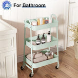 OLIXIS Metal 3 Tiers Utility Rolling Cart with Lockable Caster Wheels, Mobile Storage Shelf, Organization for Livingroom, Bathroom & Narrow Places, Pale Green