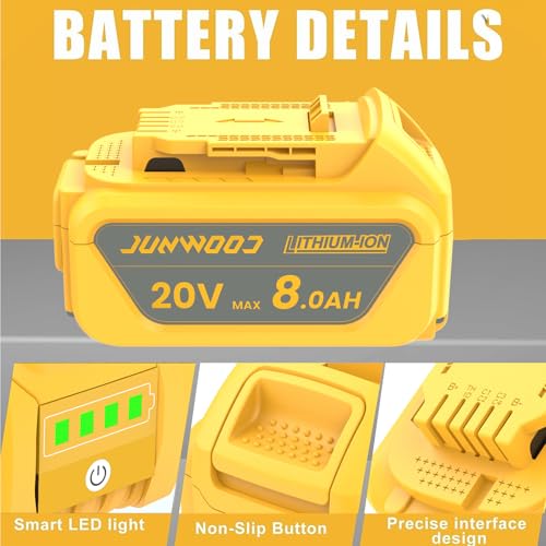 JUNWOOD 2Pack 8.0Ah Lithium Replacement for Dewalt 20V Battery Max XR Cordless Tools DCB180 DCB205 DCB206 DCB206-2 DCB200 DCB204 DCB204BT-2 DCB203 DCB201 DCB207 JUNWOOD