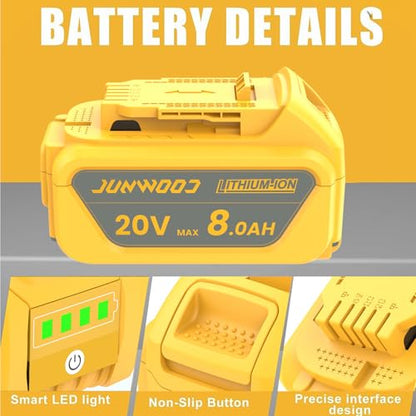 JUNWOOD 2Pack 8.0Ah Lithium Replacement for Dewalt 20V Battery Max XR Cordless Tools DCB180 DCB205 DCB206 DCB206-2 DCB200 DCB204 DCB204BT-2 DCB203 DCB201 DCB207 - WoodArtSupply