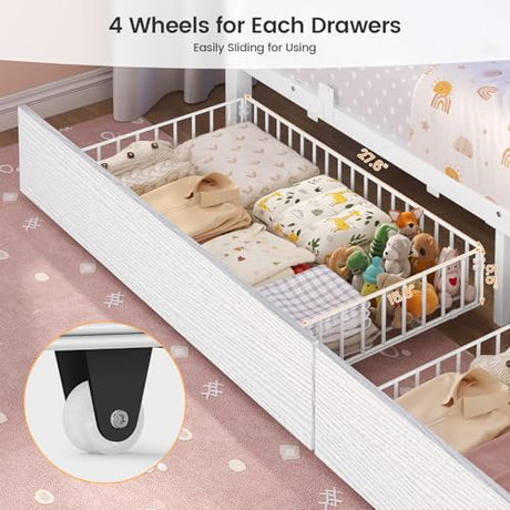 BTHFST Bunk Bed Twin Over Twin with Stairs, LED Lights Twin Bunk Bed with 2 Storage Drawers & 6 Fabric Drawers, Metal Twin Loft Beds with Guardrail & Stairs, Space Saving, Sturdy Frame for Teens BTHFST