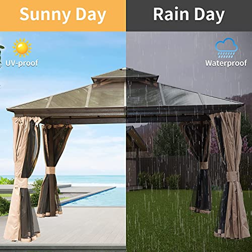 Domi 12' X 12' Hardtop Gazebo, Permanent Outdoor Gazebo with Polycarbonate Double Roof, Aluminum Gazebo Pavilion with Curtain and Net for Garden, Patio, Lawns, Deck, Backyard