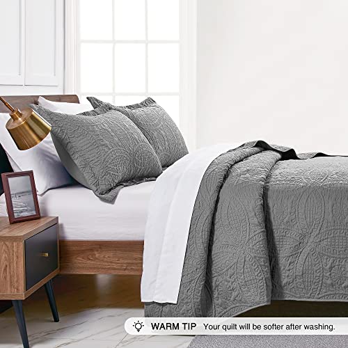Love's cabin King Size Quilt Set Grey Bedspreads - Soft Bed Summer Lightweight Bedspread Comforter - Modern Style Coin Pattern Coverlet for All Season - 3 Pieces (1 Quilt, 2 Pillow Shams) Love's cabin