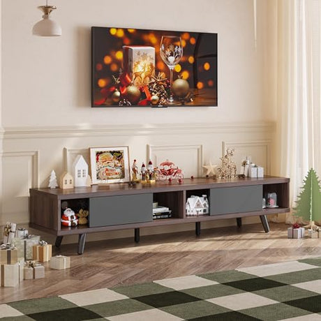 Bestier 70 inch Mid Century Modern TV Stand for 75 inch TV, Low Profile TV Stand with Storage, Entertainment Center for Living Room, Cord Management, Walnut Bestier