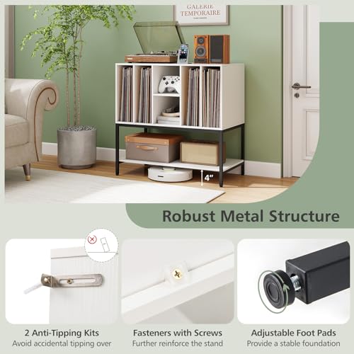 Giantex Record Player Stand with Charging Station, Turntable Stand with Storage Shelves Hold Up to 150+ Albums, Record Player Table with Metal Frame, Vinyl Record Storage for Music Living Room, White Giantex