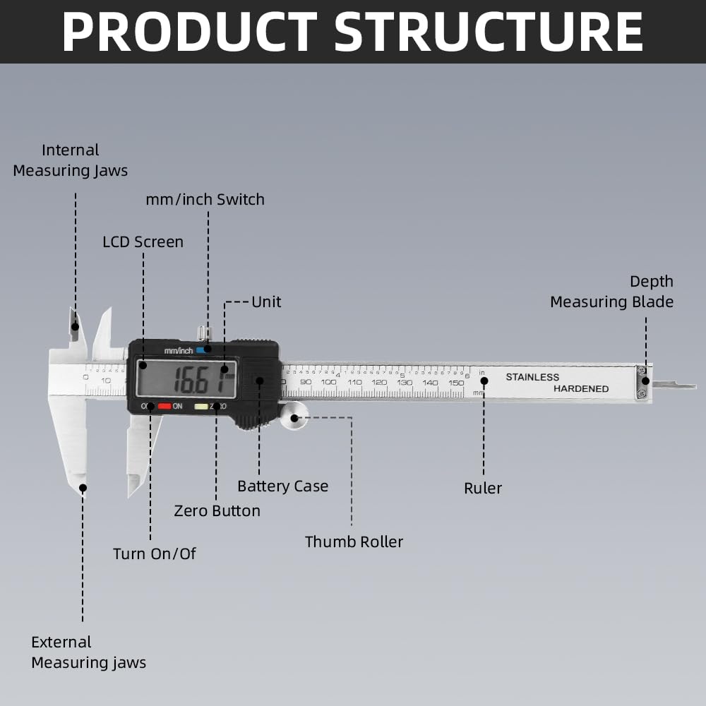 Digital Caliper Measuring Tool, Stainless Steel Vernier Caliper Digital, Micrometer Calipers with Large LCD Screen, Auto-Off Feature, Inch Millimeter Conversion, 6 Inch Caliper Tools for DIY/Household Aurdeayi