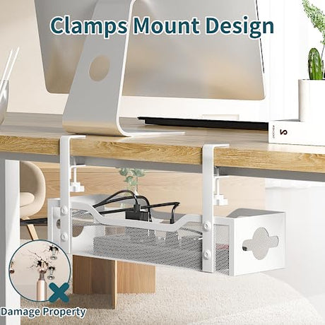 Under Desk Cable Management Tray No Drill, 13.38'' Metal Tray with Clamp for Wire Management, Litwaro Cord Organizer Home Office Damage to Standing Desk, White Litwaro