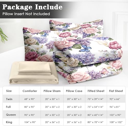 WeCozy 5 Pcs Twin Size Comforter Set with Pillowcase & Sham, Floral Flower Peony Bedding for Kids and Adults, Botanical Painting Hydrangea Bed in a Bag with Flat Fitted Sheet WeCozy