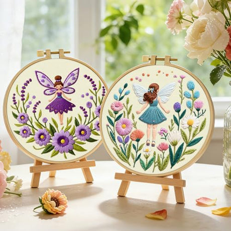 ERKOON Embroidery Kit for Beginners, 2 Set Flower Cross Stitch Set Include Embroidery Cloth Hoops Threads for Craft Lover Hand Stitch with Embroidery Skill Techniques (Angel) ERKOON