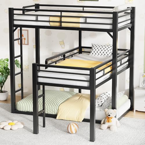 PVWIIK Heavy Duty L-Shaped Triple Bunk Bed for Kids Bedroom,Twin Over Twin Over Twin Metal Bunkbeds with Ladder & Safety Guardrail,Easy Assembly Metal Bed Frame, Black PVWIIK