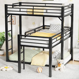 PVWIIK Heavy Duty L-Shaped Triple Bunk Bed for Kids Bedroom,Twin Over Twin Over Twin Metal Bunkbeds with Ladder & Safety Guardrail,Easy Assembly Metal Bed Frame, Black PVWIIK