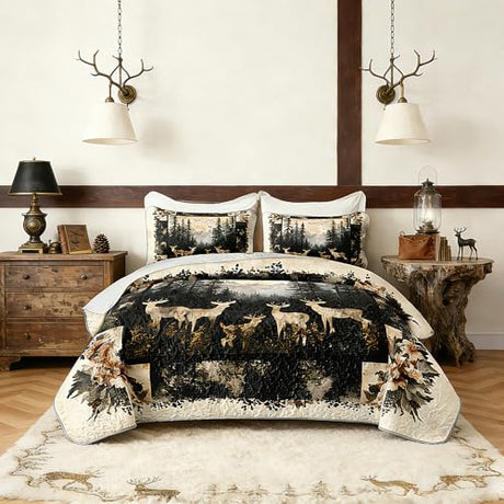 HOSIMA Deer King Bedding Set for Adults,Deer in Forest Print Summer Soft Lightweight Quilt,Floral Pattern Plaid Animal Bedding for Aesthetic Room Decor with 2 Pillowcases. HOSIMA