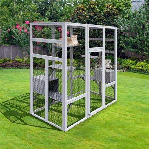 70-Inch Large Catio Enclosure, UV-Protected, Wooden Frame and Rust-Resistant Steel Mesh, Cat House with 2 Lounging Boxes and Platforms, for Patio or Backyard Garvee