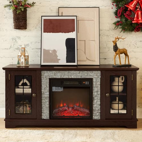 Hennhari TV Stand with Electric Fireplace & Storage Cabinet, Entertainment Center with 2 Glass Door, Faux Stone Media Console Table for Living Room (Cherry,58" with Fireplace) Hennhari