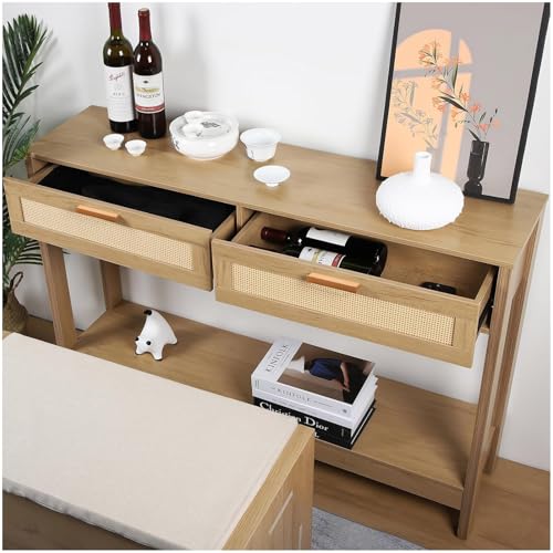 Duryarhall Console Table with Rattan Drawers Boho Entryway Table Narrow Long Sofa Table for Entrance, Hallway, Living Room, Couch Duryarhall