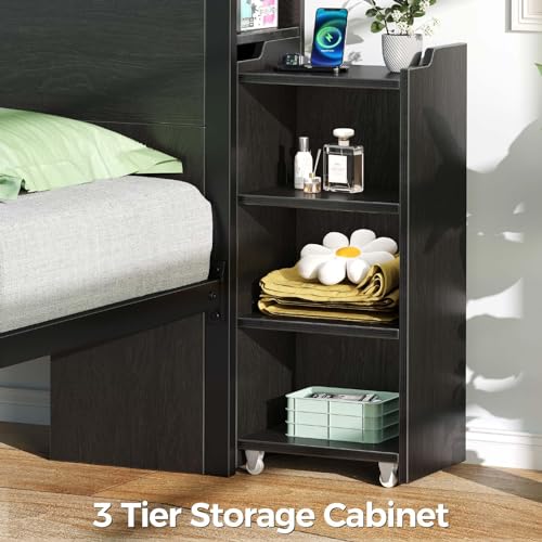 Rolanstar Twin Bed Frame with Bookcase Storage Headboard, Slide Out Bedside Storage, Bed with Charging Station & LED Lights, Heavy Duty Metal Slats, No Box Spring Needed, Noise Free, Black Rolanstar