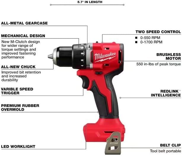 Milwaukee 3601-20 M118 18V Lithium-Ion Brushless Cordless 1/2 in. Compact Drill/Driver (Tool Only), Red - WoodArtSupply