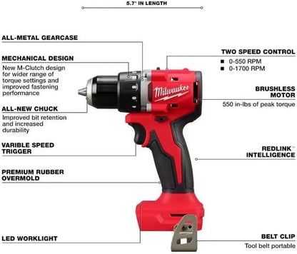 Milwaukee 3601-20 M118 18V Lithium-Ion Brushless Cordless 1/2 in. Compact Drill/Driver (Tool Only), Red - WoodArtSupply