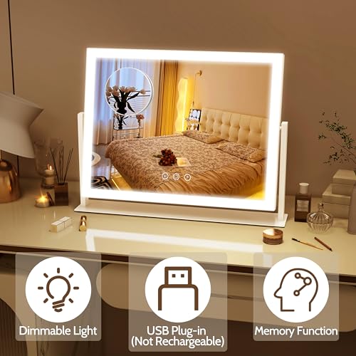 ROLOVE Lighted Makeup Mirror 16.3"x12.6", Hollywood Vanity Mirror with 10X Magnifier, 3 Color LED Lighting Modes, Smart Touch Control & 360° Rotation, Tabletop Makeup Mirror (White, Gift Ready) ROLOVE