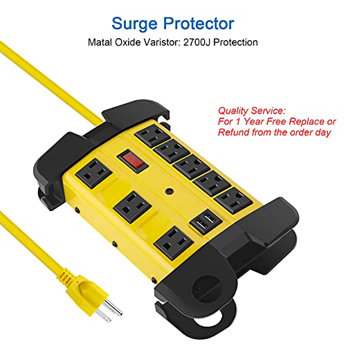 Heavy Duty Power Strip with USB, Workshop 8 Outlet Surge Protector 2700 Joules, Industrial Metal 15Amp Power Strip, 6FT Extension Cord and Wide Spaced. Yellow CCCEI