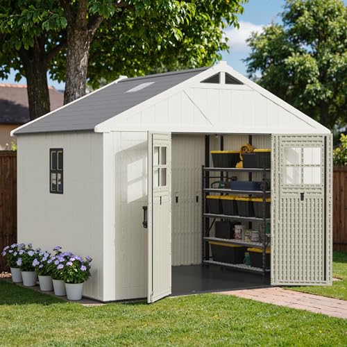Greesum 10×8 FT Plastic Outdoor Storage Shed with Floor and Lockable Door, Resin Sheds with Windows and Skylights, Weather Resistant Organization for Garden, Lawn, Pool Supplies, Beige Greesum
