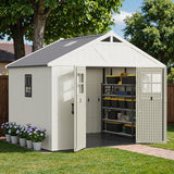 Greesum 10×8 FT Plastic Outdoor Storage Shed with Floor and Lockable Door, Resin Sheds with Windows and Skylights, Weather Resistant Organization for Garden, Lawn, Pool Supplies, Beige Greesum