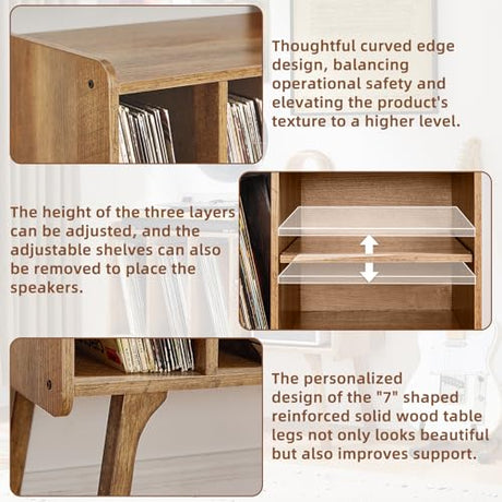 Lerliuo Record Player Stand with 4 Cabinet Holds Up to 220 Albums, Large Turntable Stand with Beech Wood Legs, Mid-Century Record Player Table Lerliuo