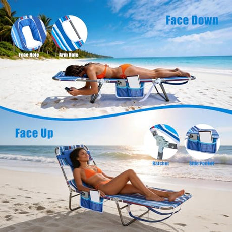 SUNNYFEEL Beach Lounge Chair, Backpack Reclining Beach Chairs Lay Flat, Sun Face Down Tanning Chair, Folding Camping Chairs Portable Camp Cot with Backpack Straps for Outdoor/Picnic/Lawn SUNNYFEEL